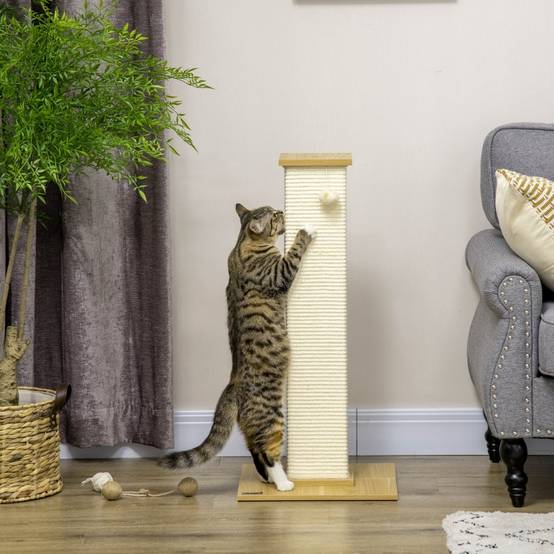 ComfortXL - Poteau Griffoir Chat Sisal Naturel Socle Bois Jouet Suspendu 80cm Beige - ComfortXL Pet Living - Image 1