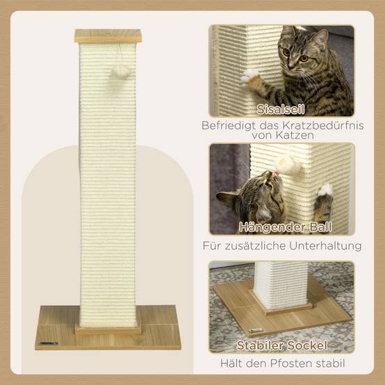 ComfortXL - Poteau Griffoir Chat Sisal Naturel Socle Bois Jouet Suspendu 80cm Beige - ComfortXL Pet Living - Image 5