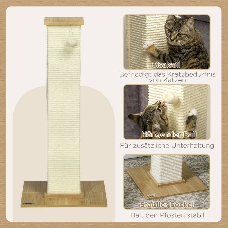 ComfortXL - Poteau Griffoir Chat Sisal Naturel Socle Bois Jouet Suspendu 80cm Beige - ComfortXL Pet Living - Image 5