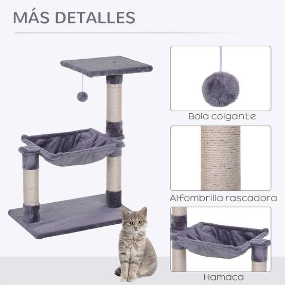 Arbre à chat à griffer, tour à chat 50 x 36 x 70 cm, centre d'activités avec hamac, plateforme et poteaux en sisal, gris - Image 7