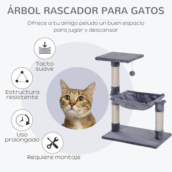 Arbre à chat à griffer, tour à chat 50 x 36 x 70 cm, centre d'activités avec hamac, plateforme et poteaux en sisal, gris - Image 6