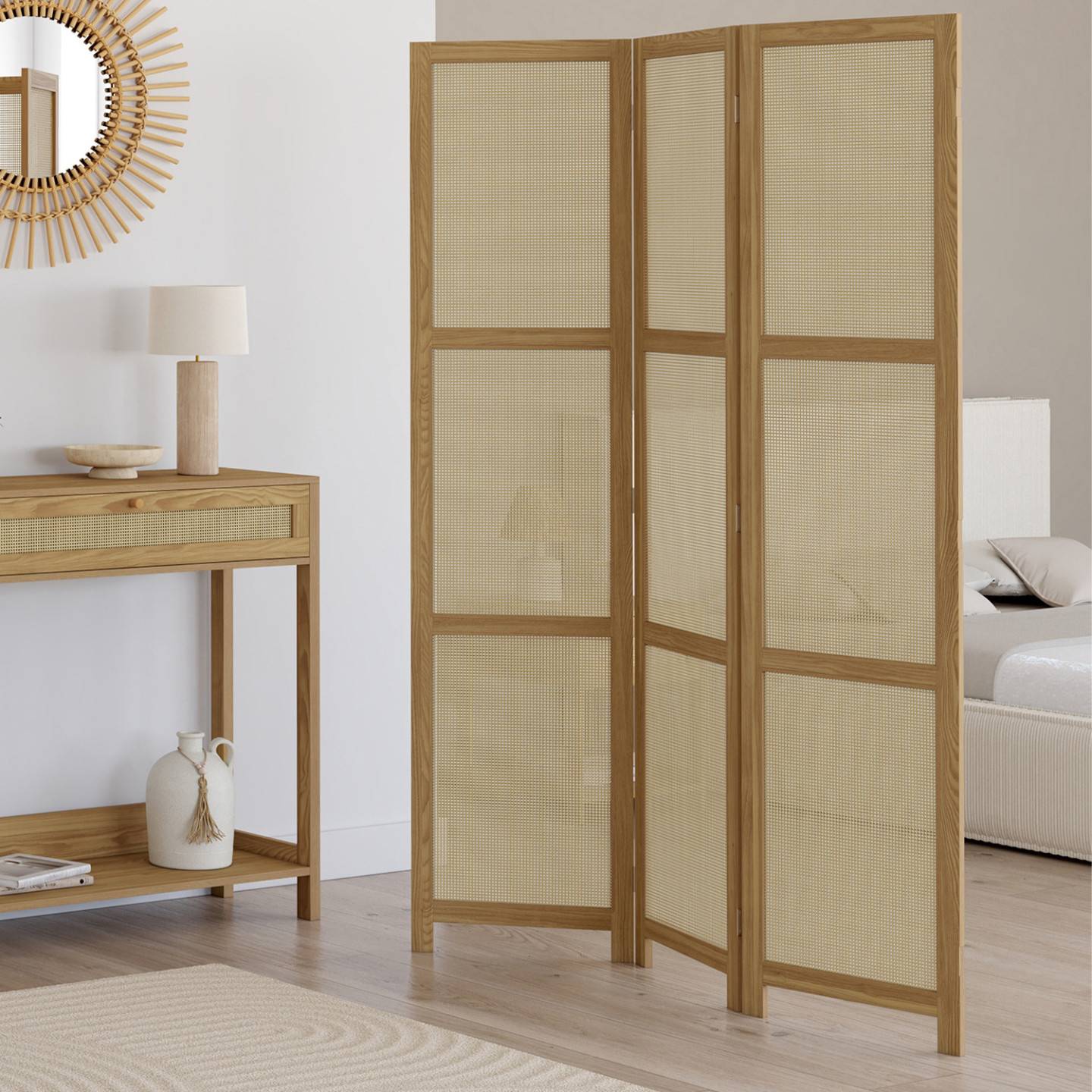 IDMARKET - Paravent intérieur HANAE effet naturel cannage - Image 1