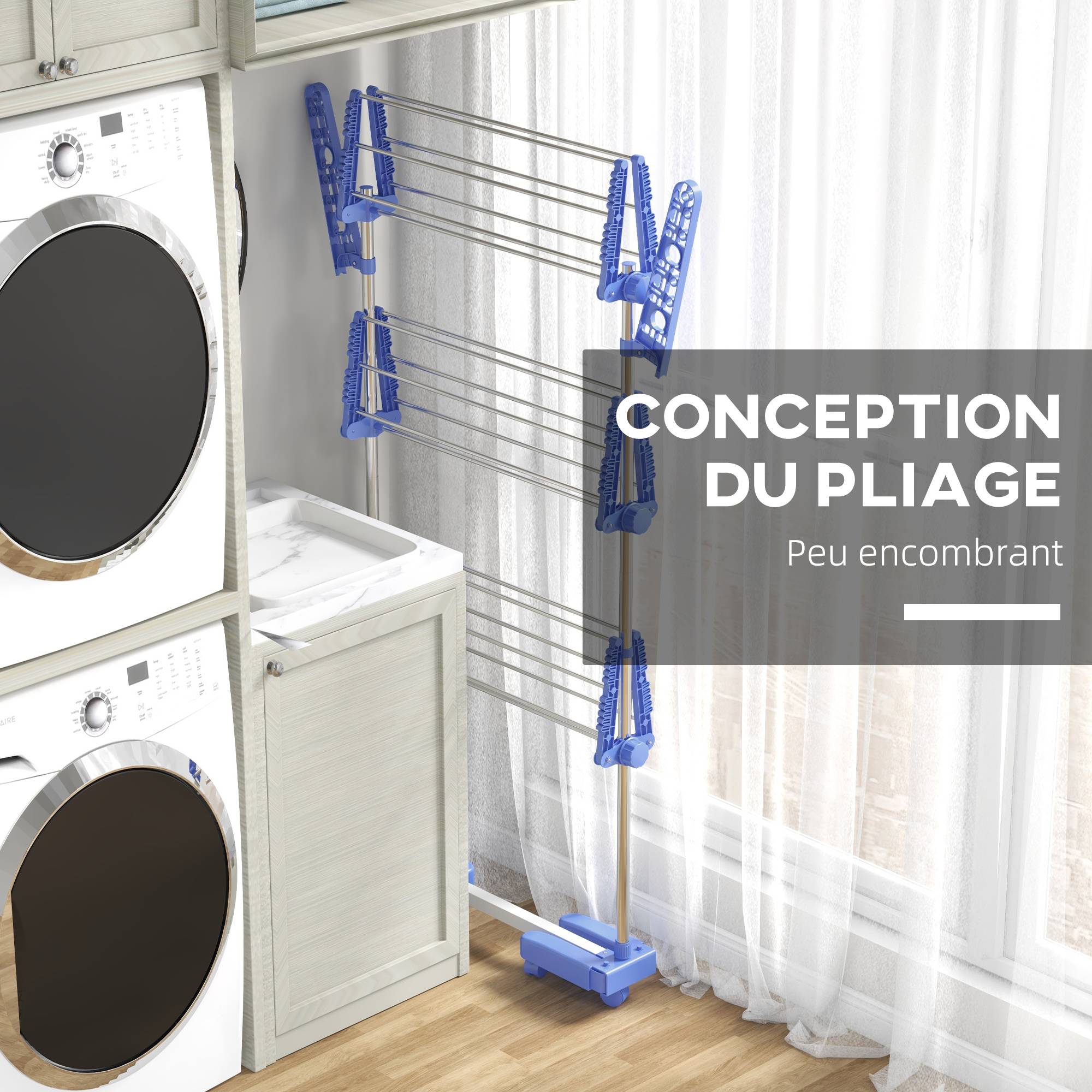 Homcom - Séchoir à Linge Pliable avec Ailes latérales 142x55x152cm Utilisation intérieure/extérieure 3 Niveaux Bleu - HOMCOM - Image 6