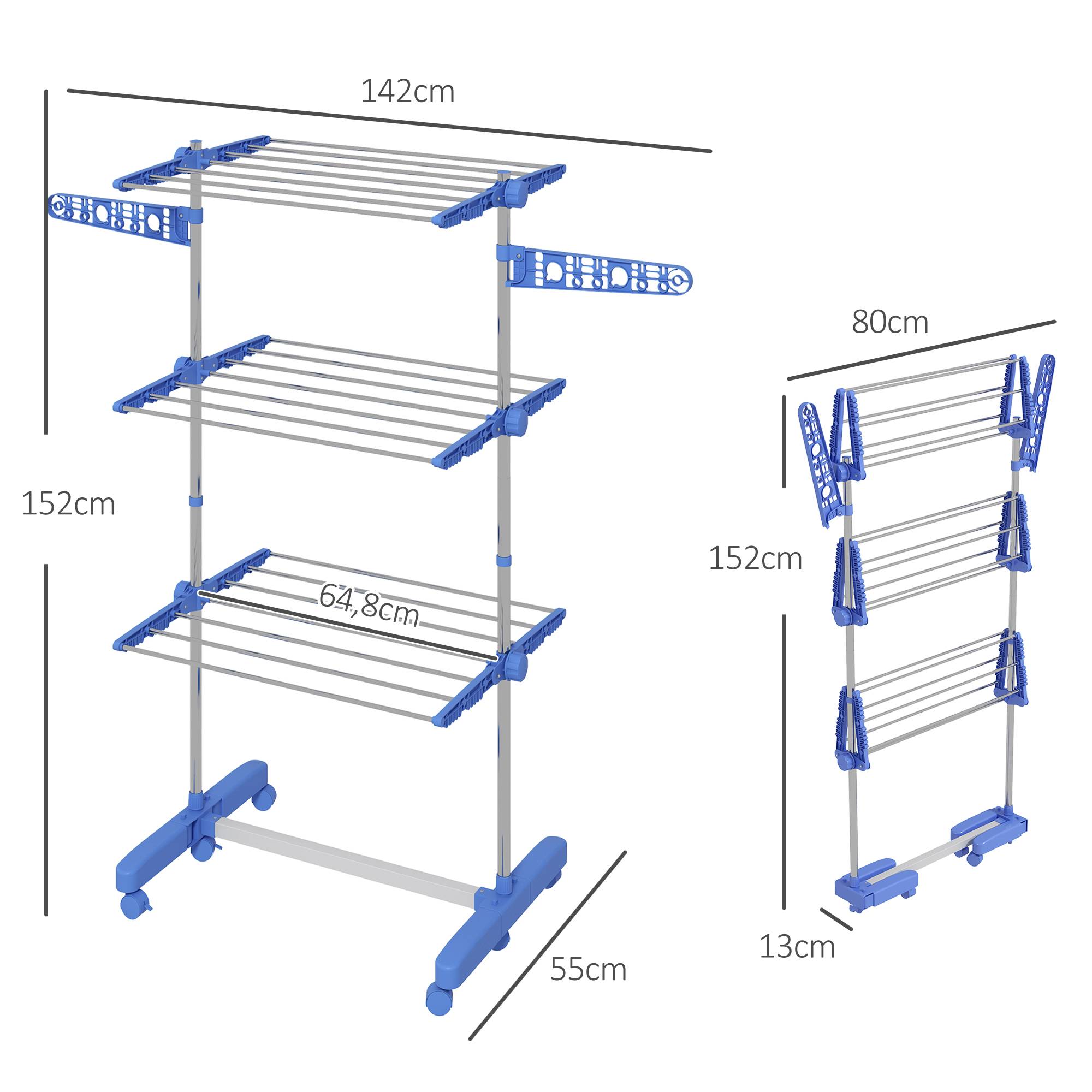 Homcom - Séchoir à Linge Pliable avec Ailes latérales 142x55x152cm Utilisation intérieure/extérieure 3 Niveaux Bleu - HOMCOM - Image 3