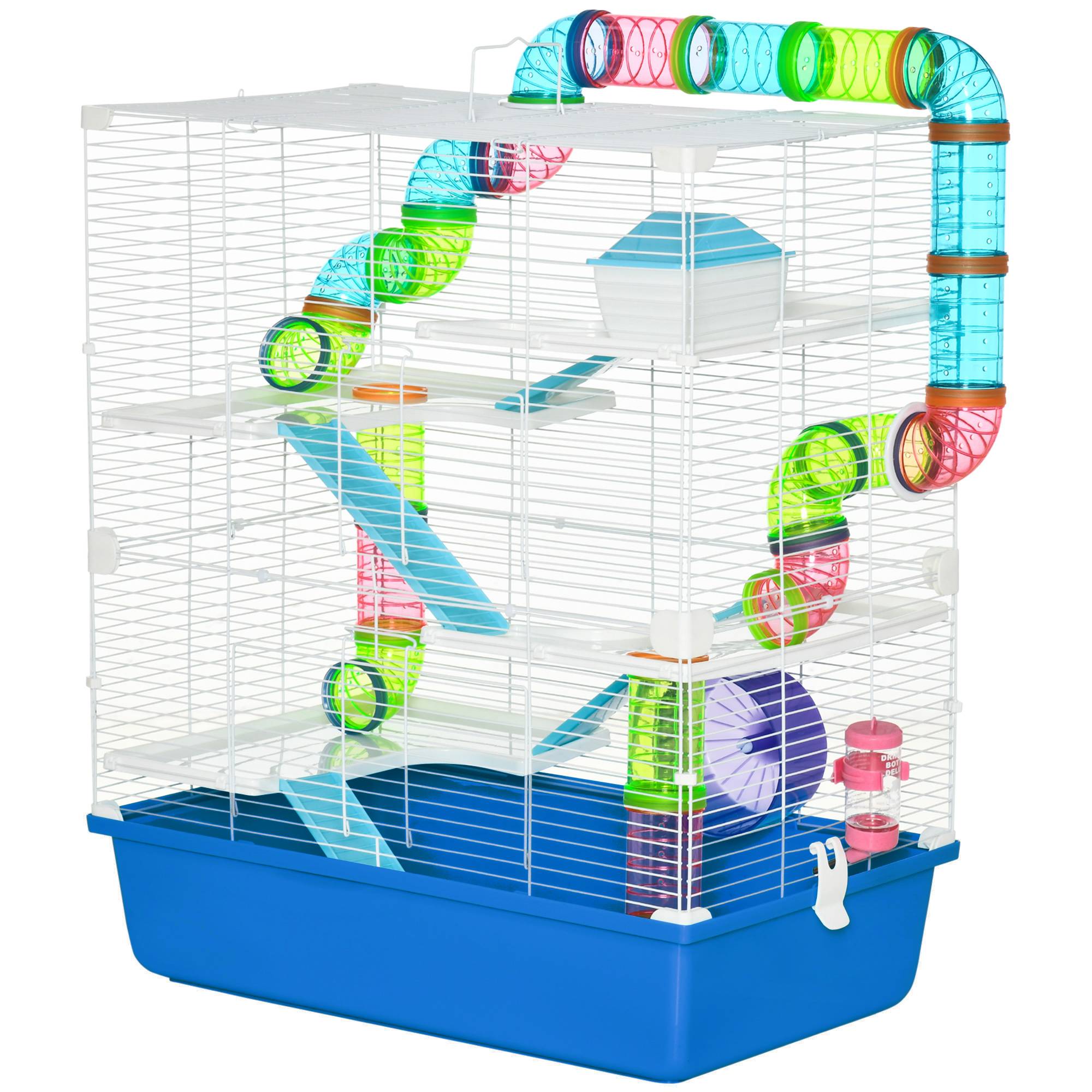 Cage pour hamster avec tunnel, plateformes, gamelle, biberon, maisonnette, rampes et roue d'exercice 59 x 36 x 69 cm Bleu - Image 2