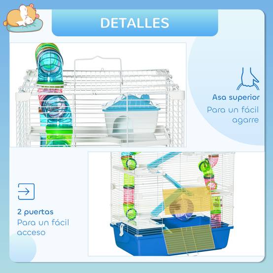 Cage pour hamster avec tunnel, plateformes, gamelle, biberon, maisonnette, rampes et roue d'exercice 59 x 36 x 69 cm Bleu - Image 9