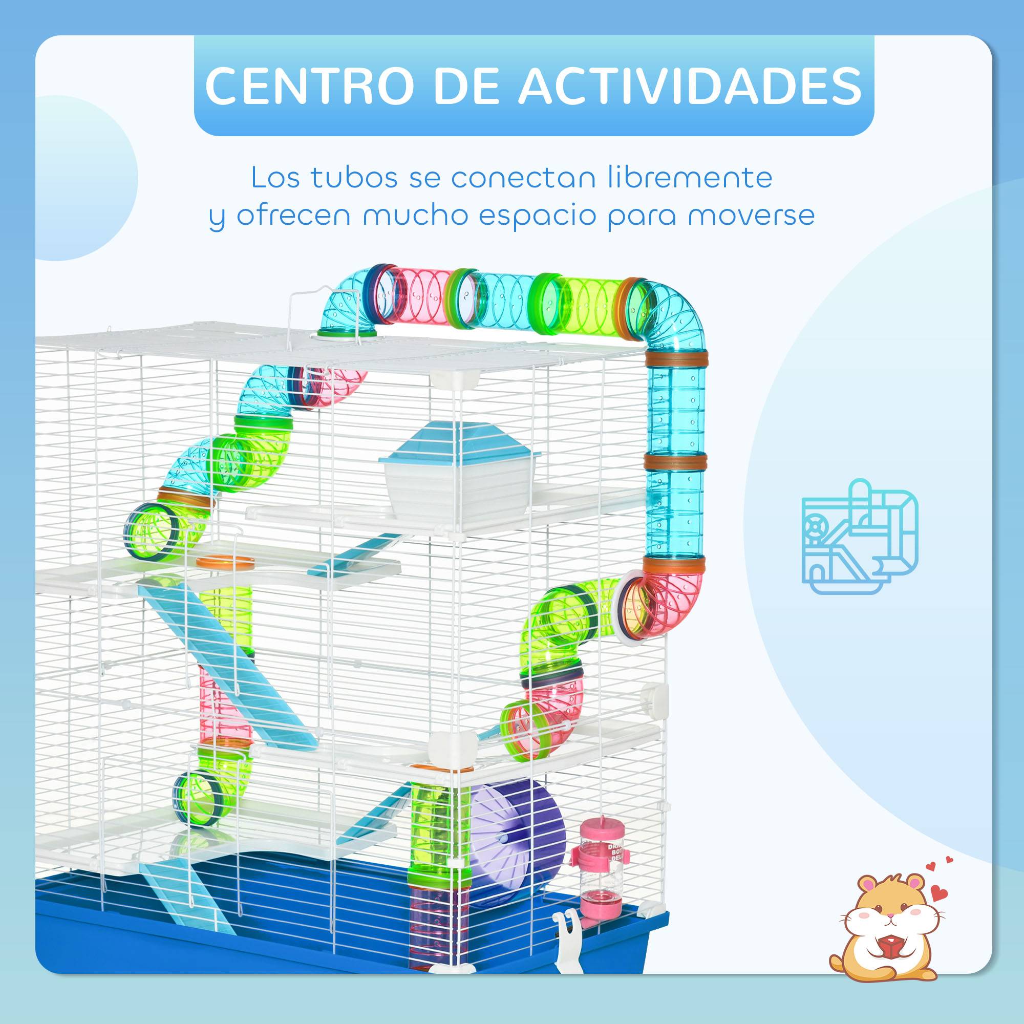 Cage pour hamster avec tunnel, plateformes, gamelle, biberon, maisonnette, rampes et roue d'exercice 59 x 36 x 69 cm Bleu - Image 6