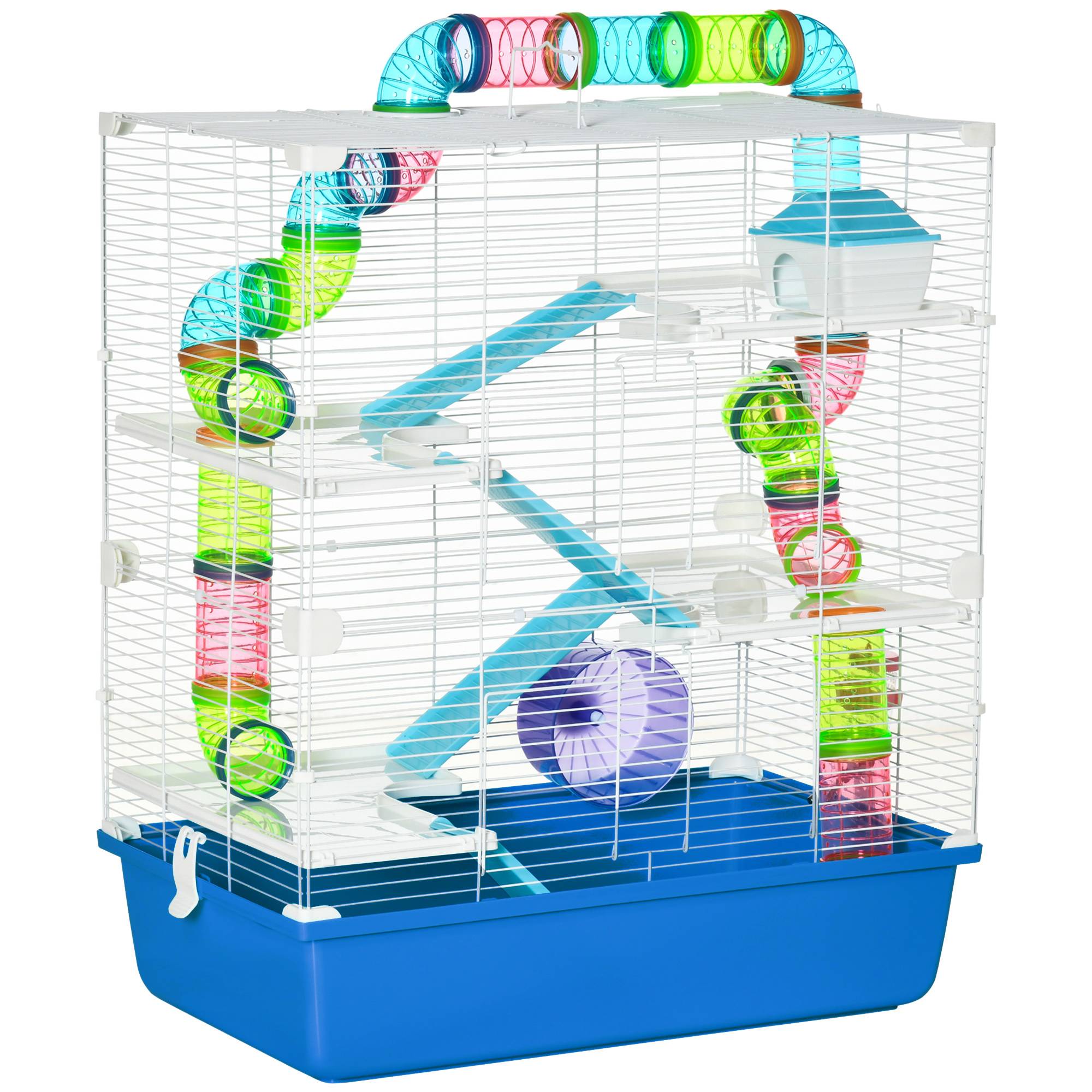 Cage pour hamster avec tunnel, plateformes, gamelle, biberon, maisonnette, rampes et roue d'exercice 59 x 36 x 69 cm Bleu - Image 1