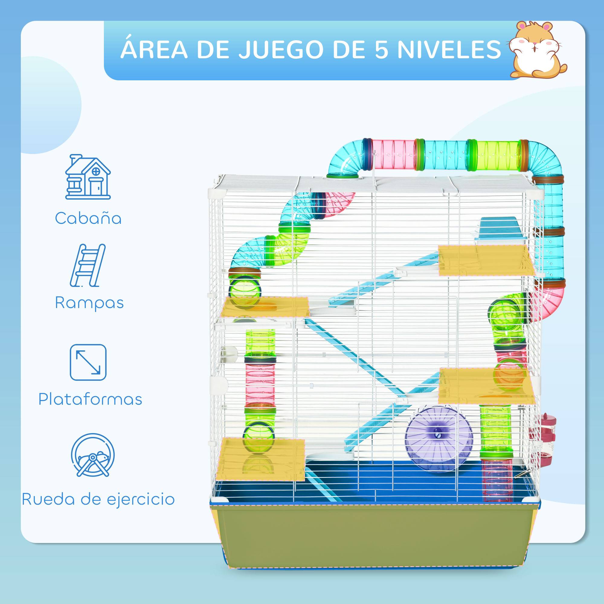 Cage pour hamster avec tunnel, plateformes, gamelle, biberon, maisonnette, rampes et roue d'exercice 59 x 36 x 69 cm Bleu - Image 8