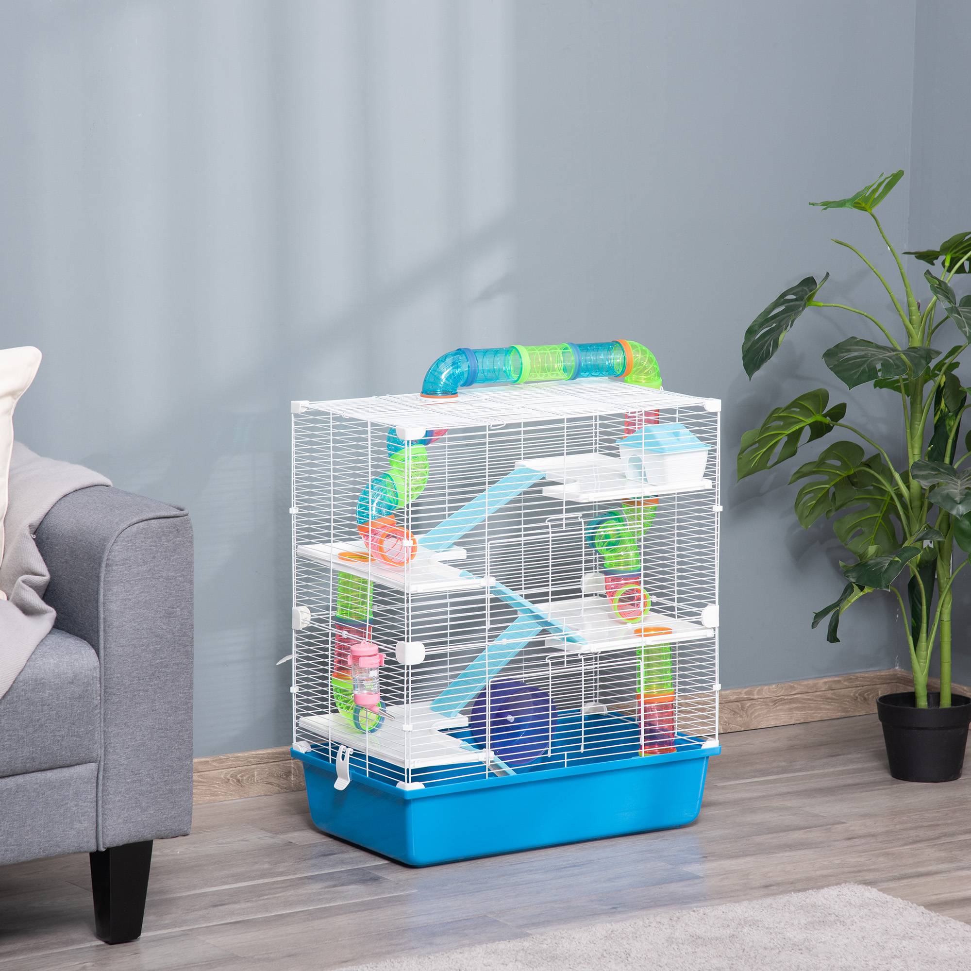 Cage pour hamster avec tunnel, plateformes, gamelle, biberon, maisonnette, rampes et roue d'exercice 59 x 36 x 69 cm Bleu - Image 4