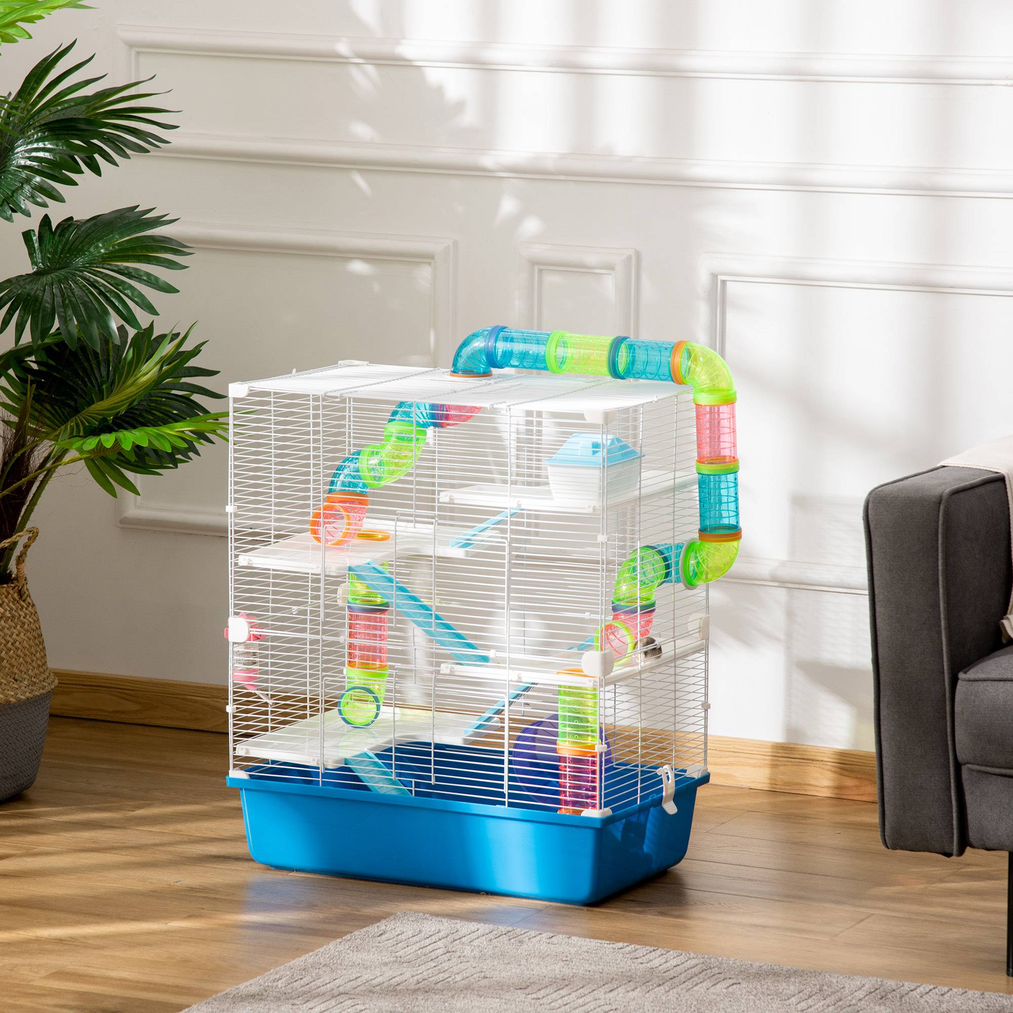 Cage pour hamster avec tunnel, plateformes, gamelle, biberon, maisonnette, rampes et roue d'exercice 59 x 36 x 69 cm Bleu - Image 3