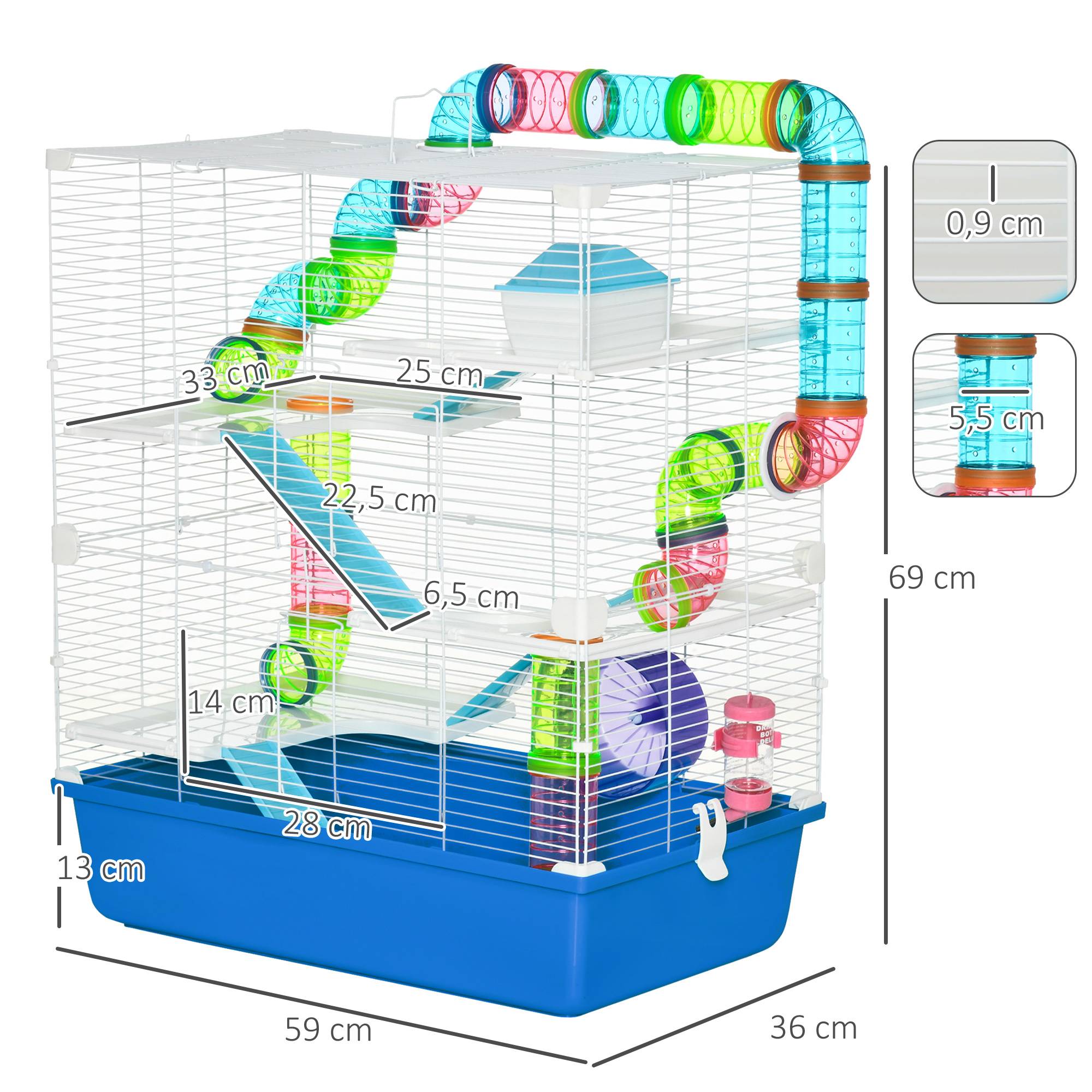 Cage pour hamster avec tunnel, plateformes, gamelle, biberon, maisonnette, rampes et roue d'exercice 59 x 36 x 69 cm Bleu - Image 5