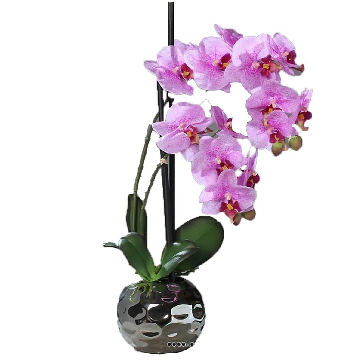 Artificielles - Orchidee artificielle 2 hampes en boule ceramique Argent H 50 cm Rose - couleur: Rose - Image 1