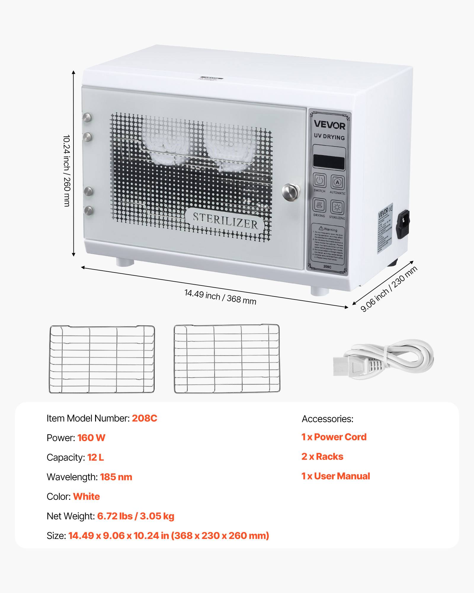 VEVOR Stérilisateur UV 12L multifonction. Minuterie, longueur d'onde 185nm. Pour labo, maison, salon de beauté. - Image 7