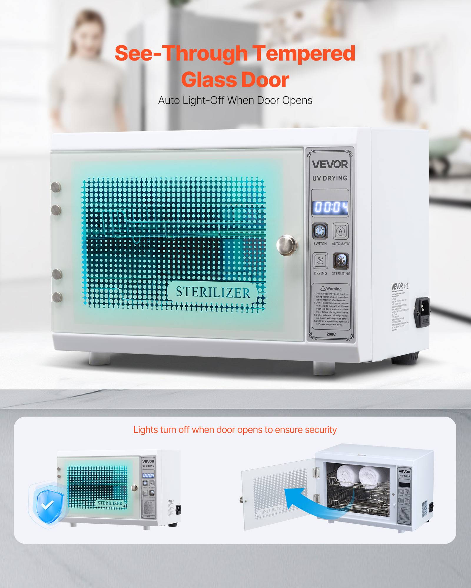 VEVOR Stérilisateur UV 12L multifonction. Minuterie, longueur d'onde 185nm. Pour labo, maison, salon de beauté. - Image 5