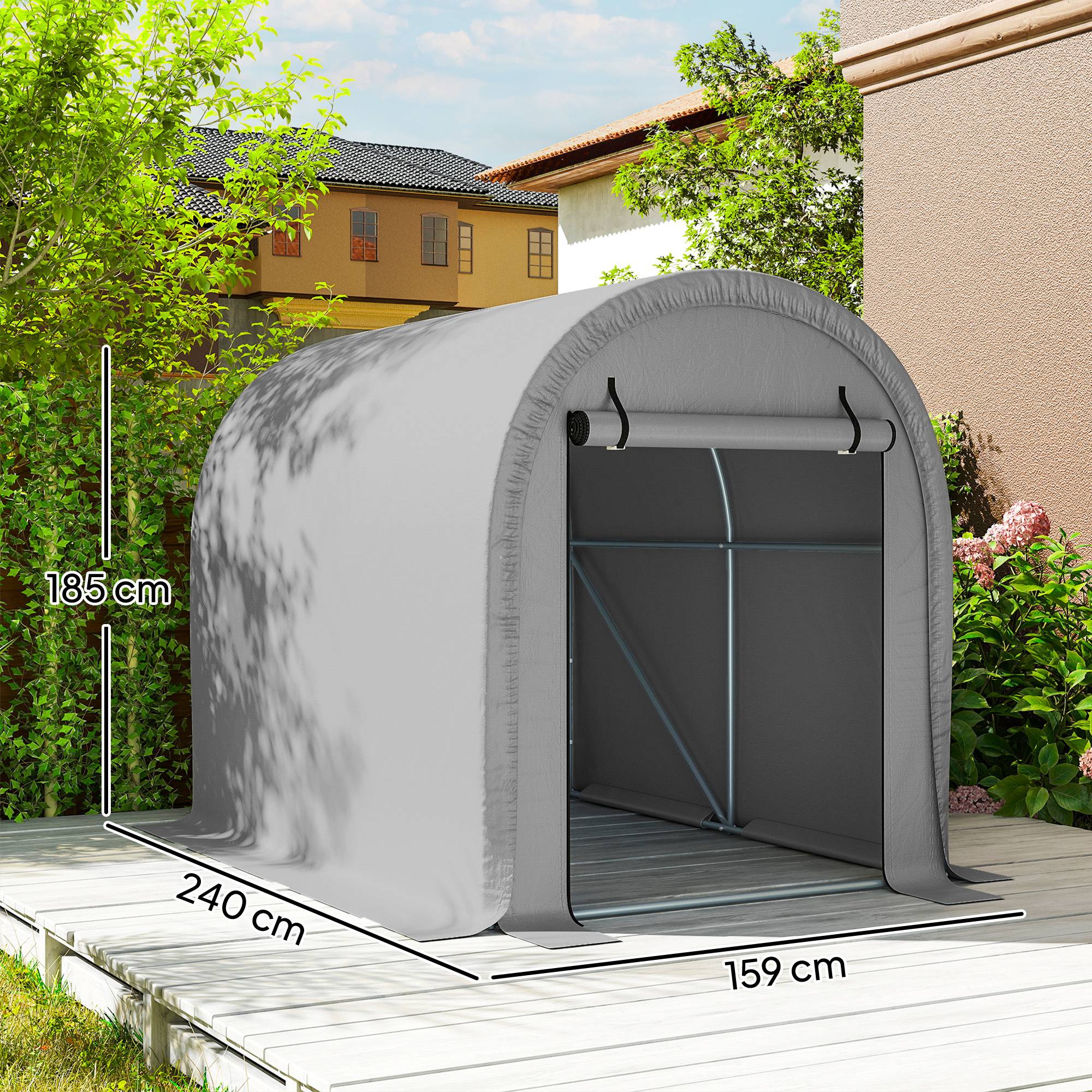 Abri moto et tondeuse acier galvanisé polyéthylène anti-UV 160 g/m² 159x240x185 cm gris clair extérieur - Image 5