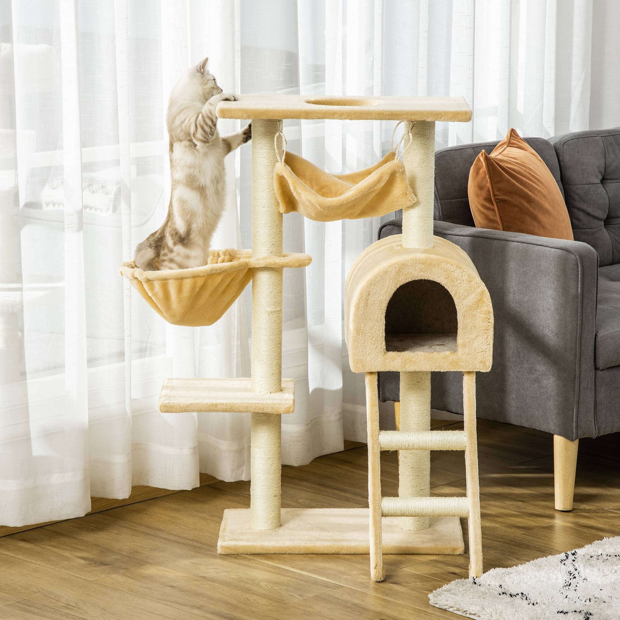 Arbre à chat multi niveaux hamac niche sisal naturel chat intérieur 55 × 30 × 100 cm - Image 3