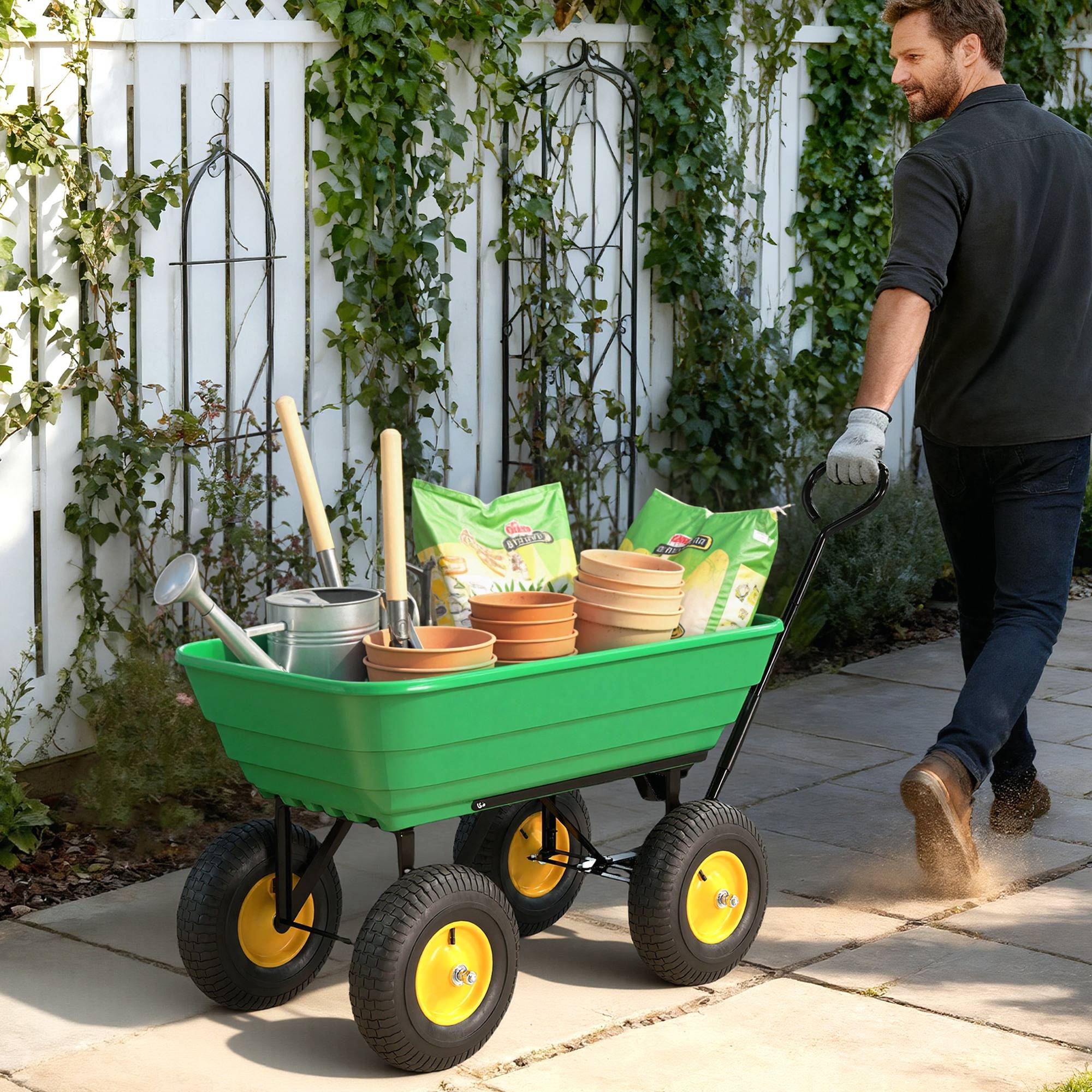 ComfortXL - Chariot de jardin acier et PP 75 L vert 109 x 52 x 94 cm benne basculante - ComfortXL Outdoor Living - Image 4