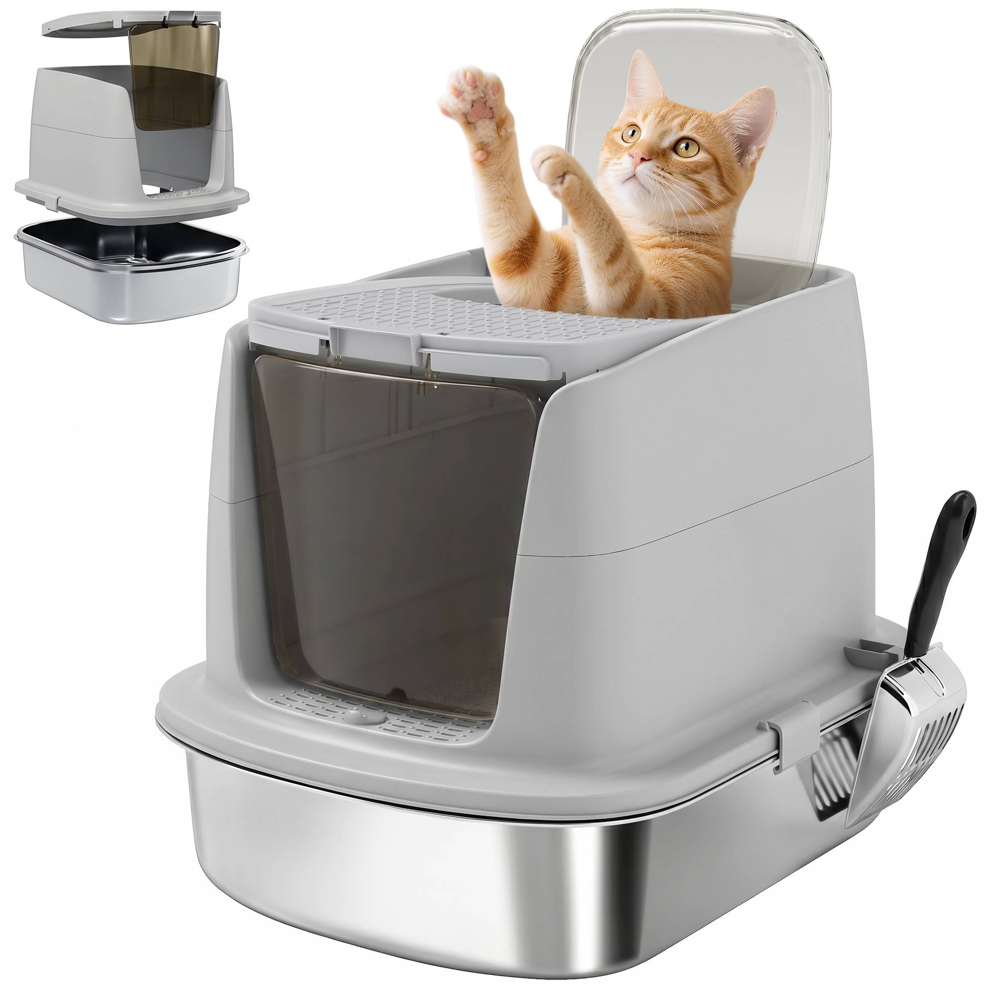 Bac à litière pour chat en acier inoxydable, bac à litière fermé avec pelle, sac anti-odeurs, entrée/sortie - Image 1