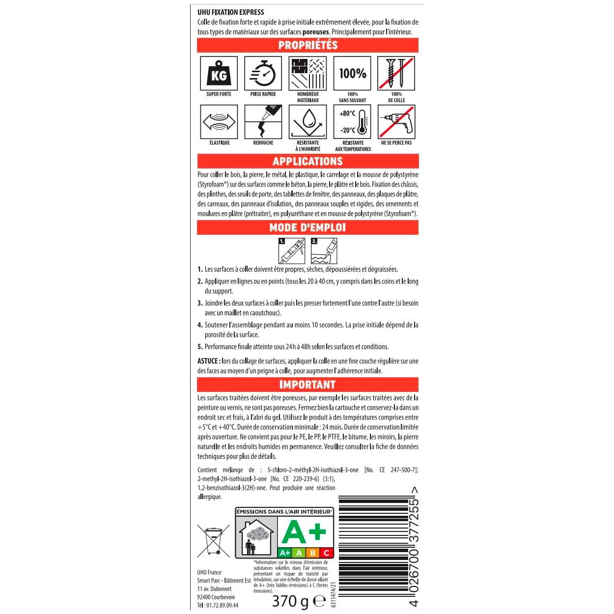 UHU Fixation express - Colle de montage ultra forte et rapide, blanche, cartouche 370g - Image 2