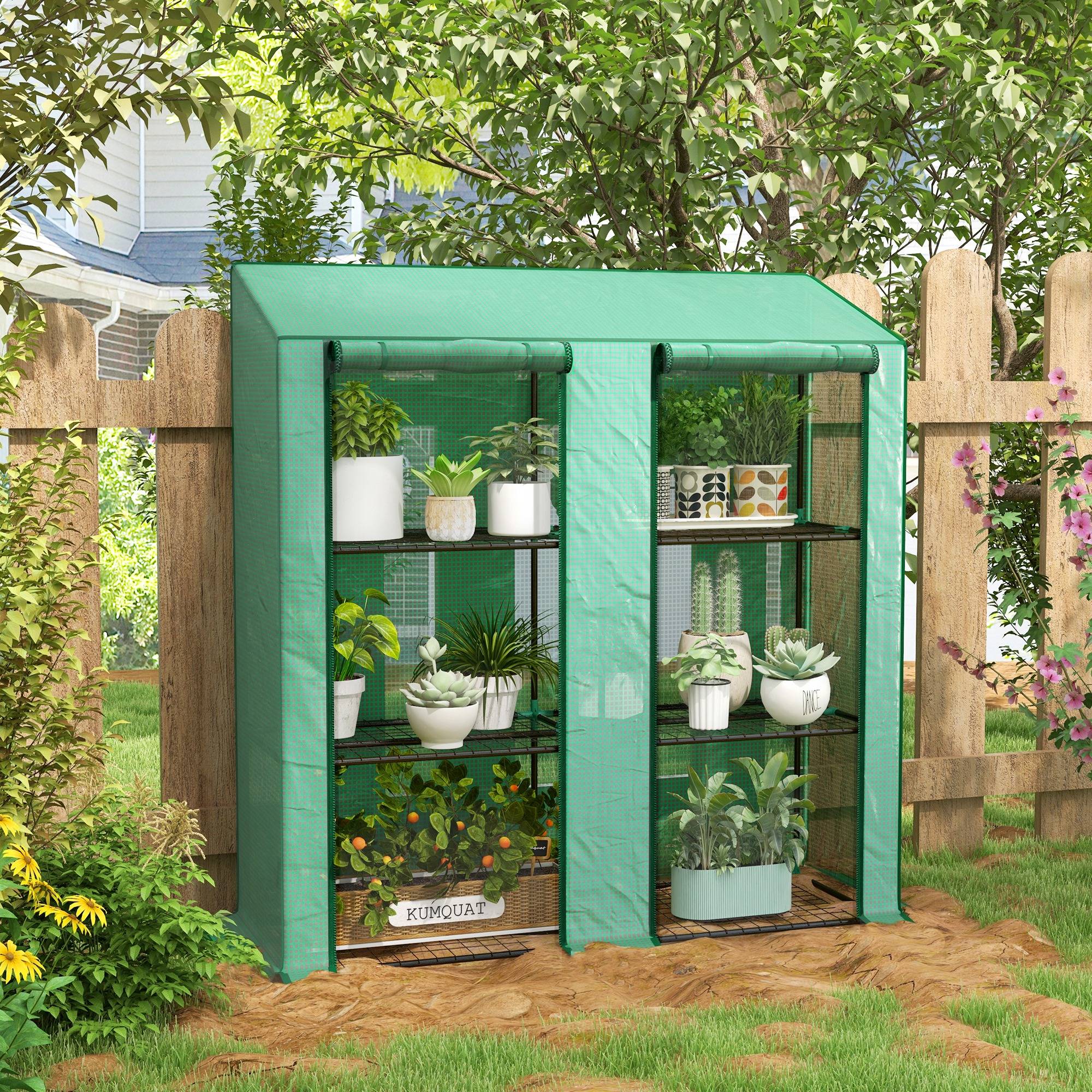 Sans Marque - Serre jardin bâche polyéthylène 6 étagères 2 portes sectionnelles 143x46x151 cm verte - Image 3