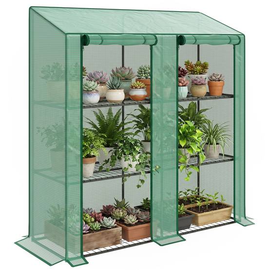 Sans Marque - Serre jardin bâche polyéthylène 6 étagères 2 portes sectionnelles 143x46x151 cm verte - Image 1