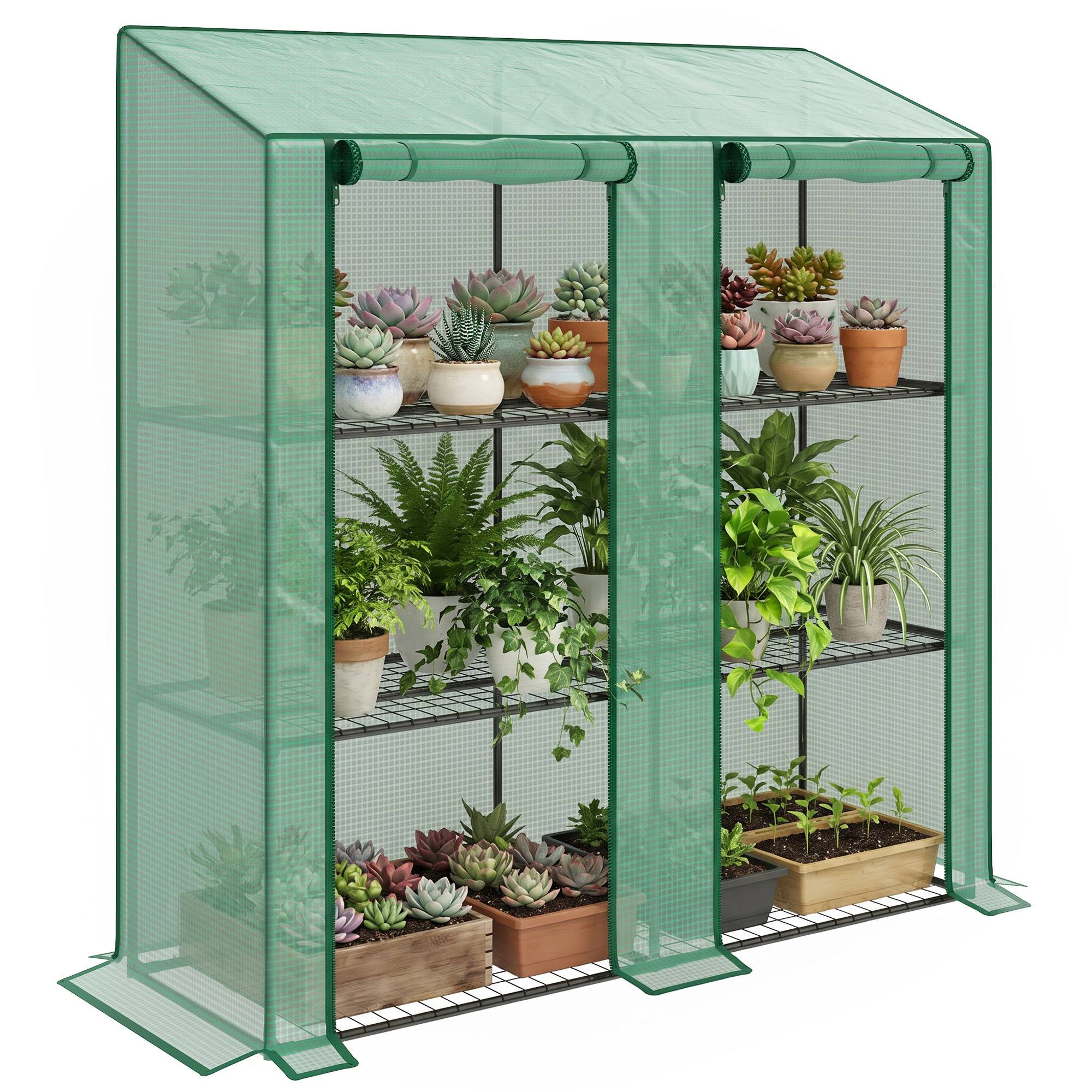 Sans Marque - Serre jardin bâche polyéthylène 6 étagères 2 portes sectionnelles 143x46x151 cm verte - Image 1