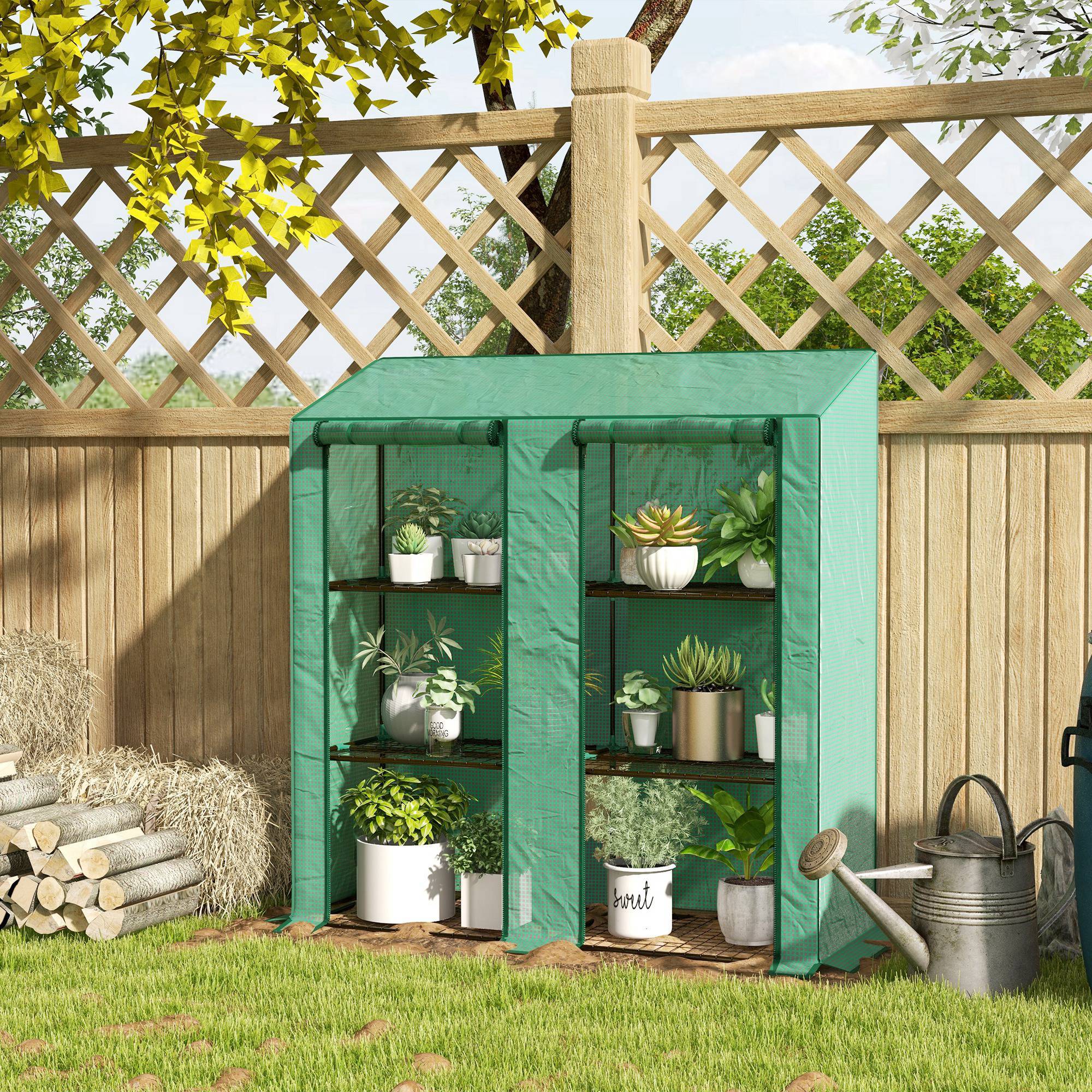Sans Marque - Serre jardin bâche polyéthylène 6 étagères 2 portes sectionnelles 143x46x151 cm verte - Image 4