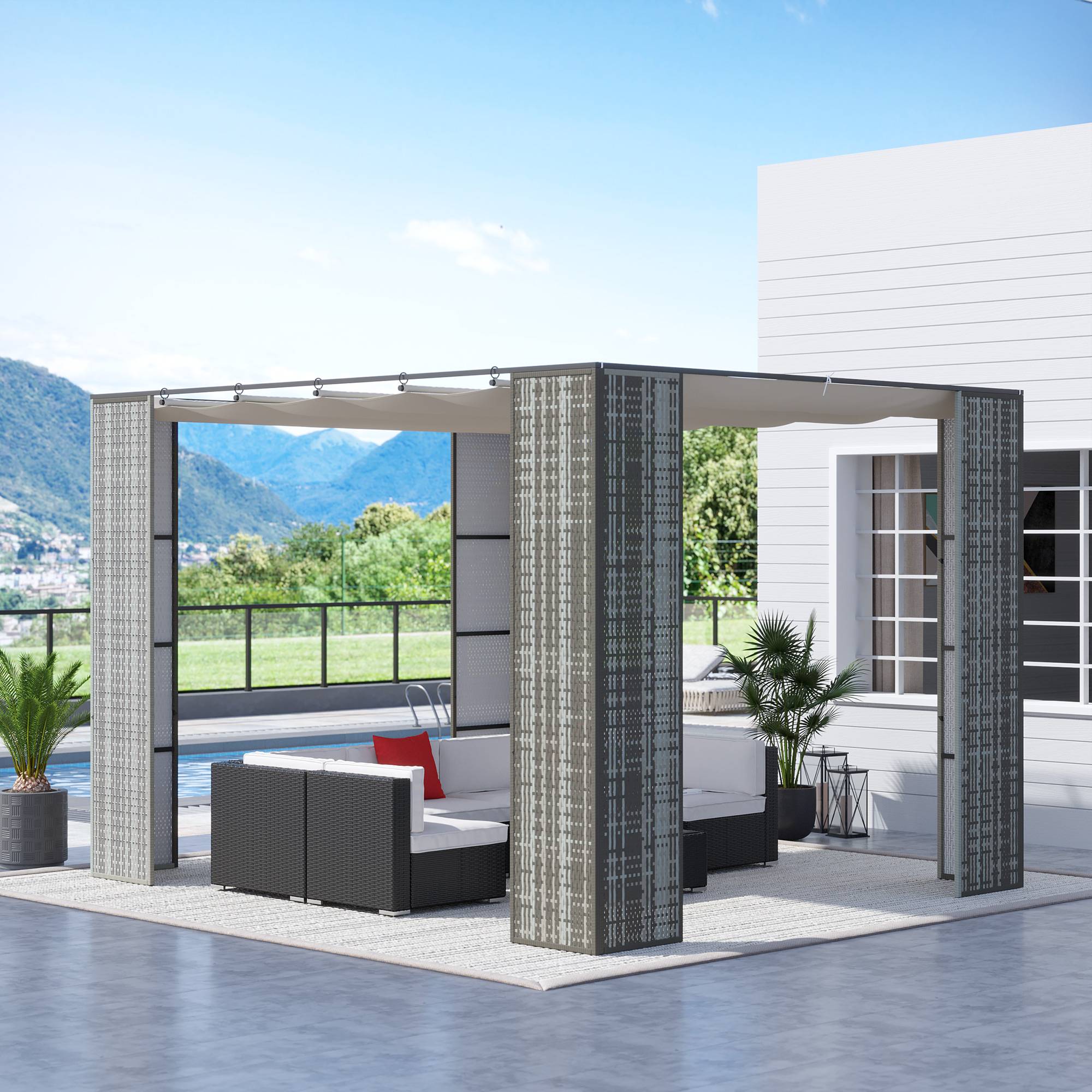 Outsunny - Pergola rétractable 3x3x2m toit coulissant toile polyester haute densité, métal époxy anticorrosion, résine tressée PP gris et crème - Outsunny - Image 2