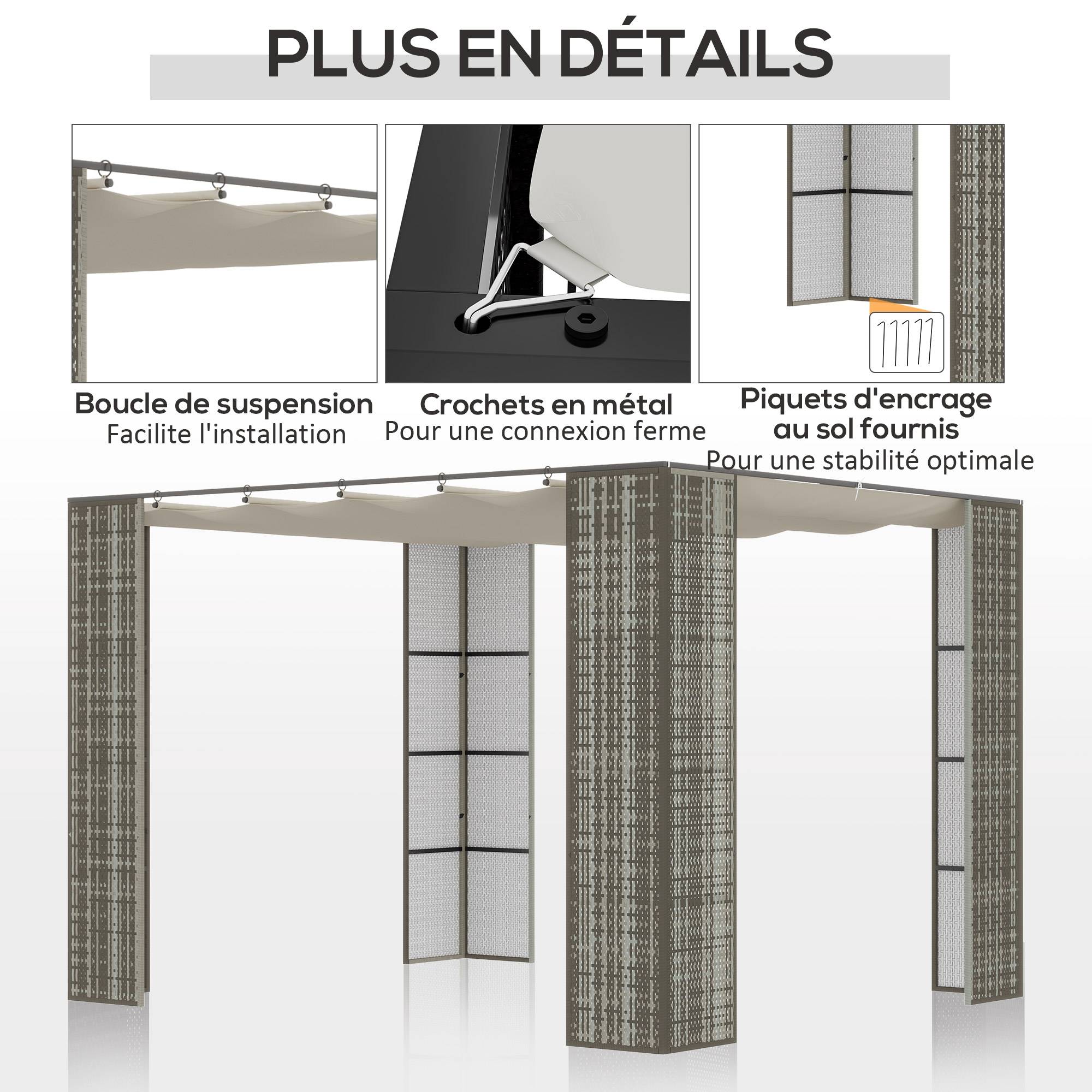 Outsunny - Pergola rétractable 3x3x2m toit coulissant toile polyester haute densité, métal époxy anticorrosion, résine tressée PP gris et crème - Outsunny - Image 6