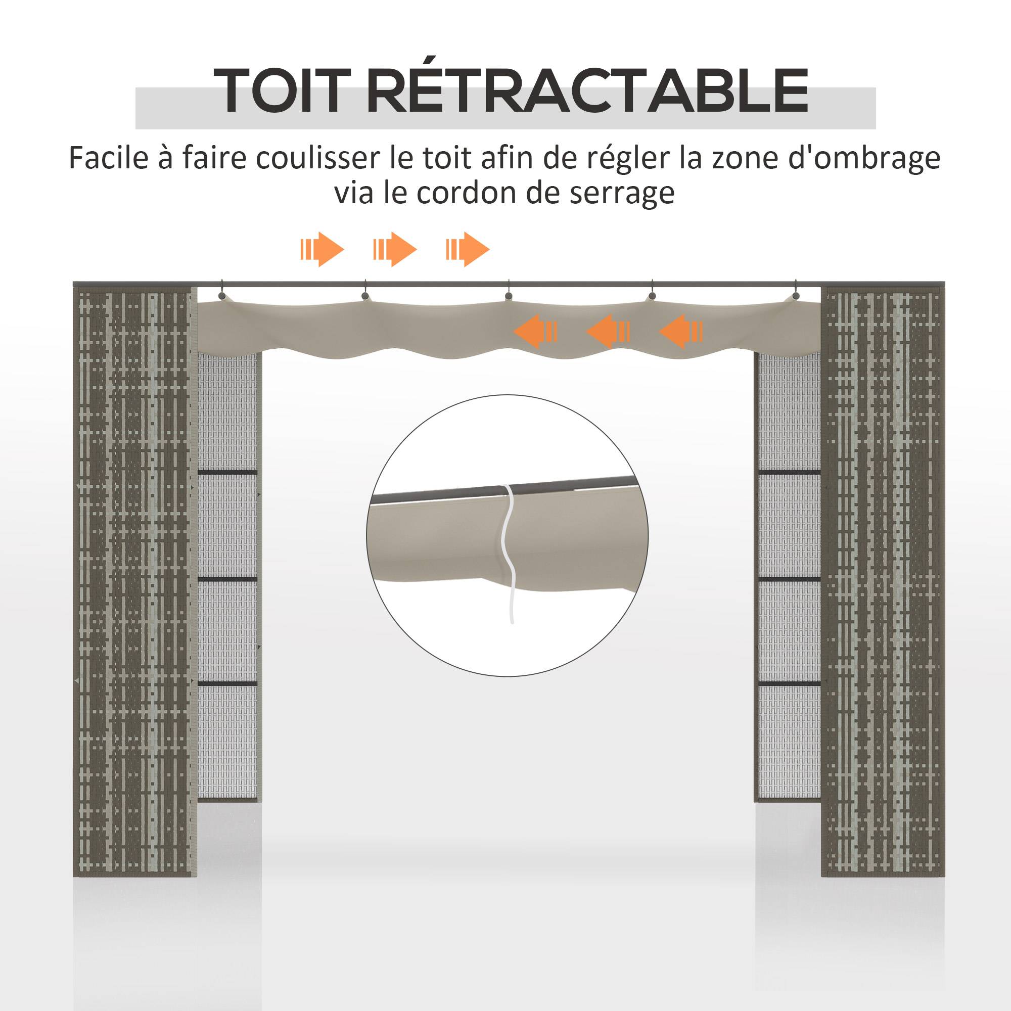 Outsunny - Pergola rétractable 3x3x2m toit coulissant toile polyester haute densité, métal époxy anticorrosion, résine tressée PP gris et crème - Outsunny - Image 4