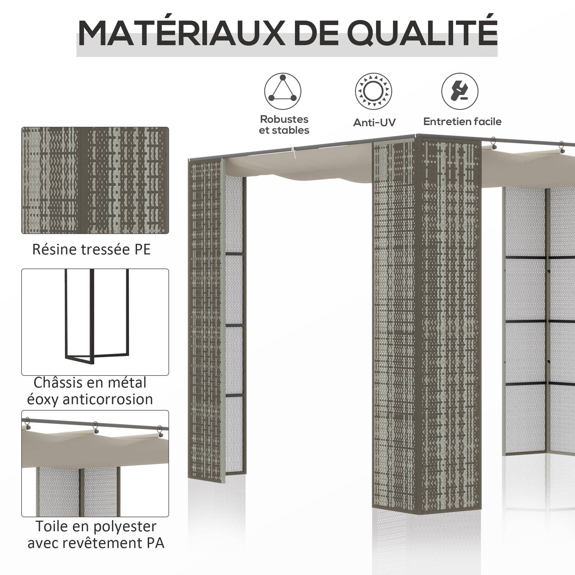 Outsunny - Pergola rétractable 3x3x2m toit coulissant toile polyester haute densité, métal époxy anticorrosion, résine tressée PP gris et crème - Outsunny - Image 5