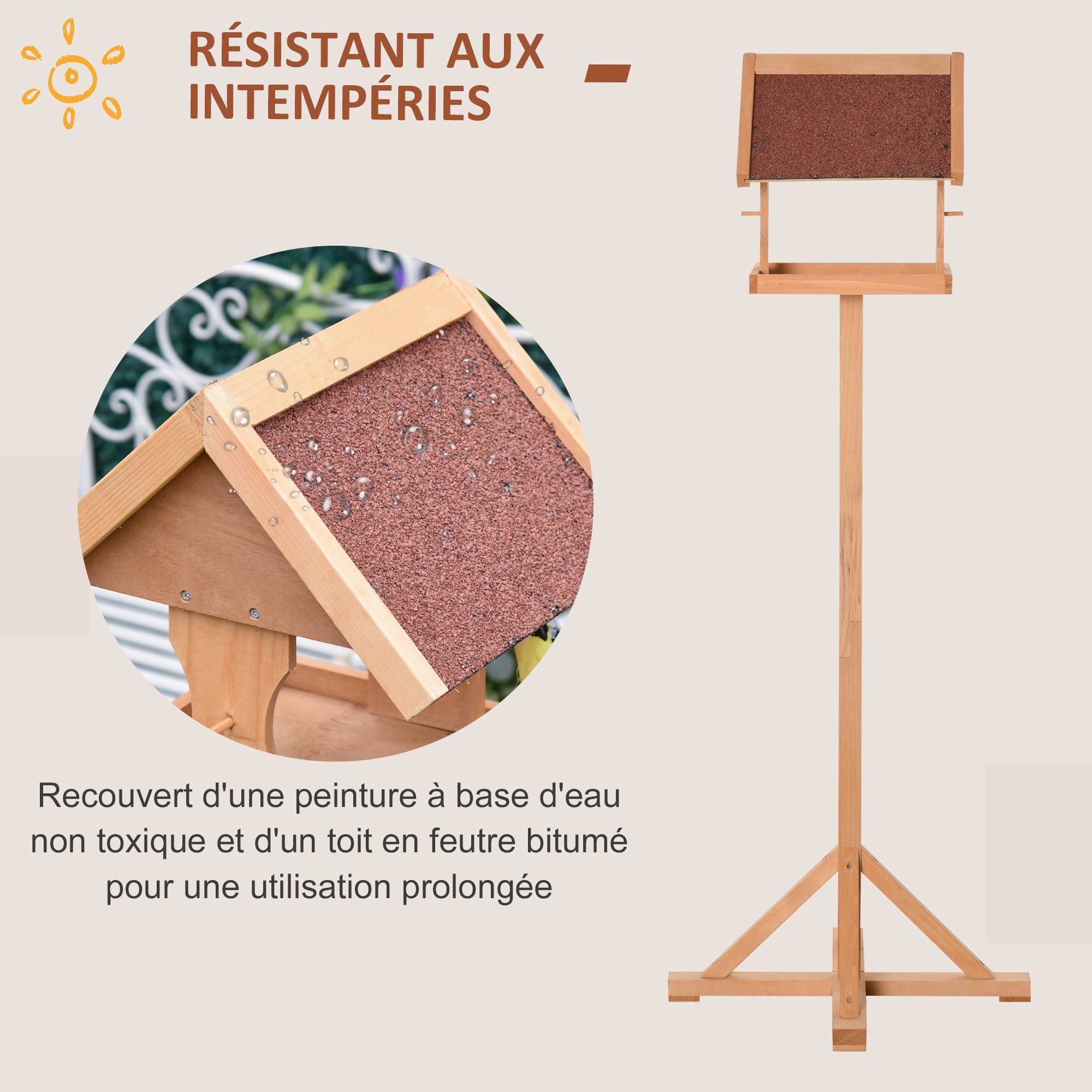 Mangeoire oiseaux sur pied bois massif naturel 55 x 55 x 144 cm - PANGIVO - Image 9