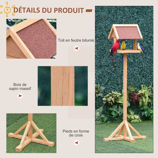 Mangeoire oiseaux sur pied bois massif naturel 55 x 55 x 144 cm - PANGIVO - Image 7