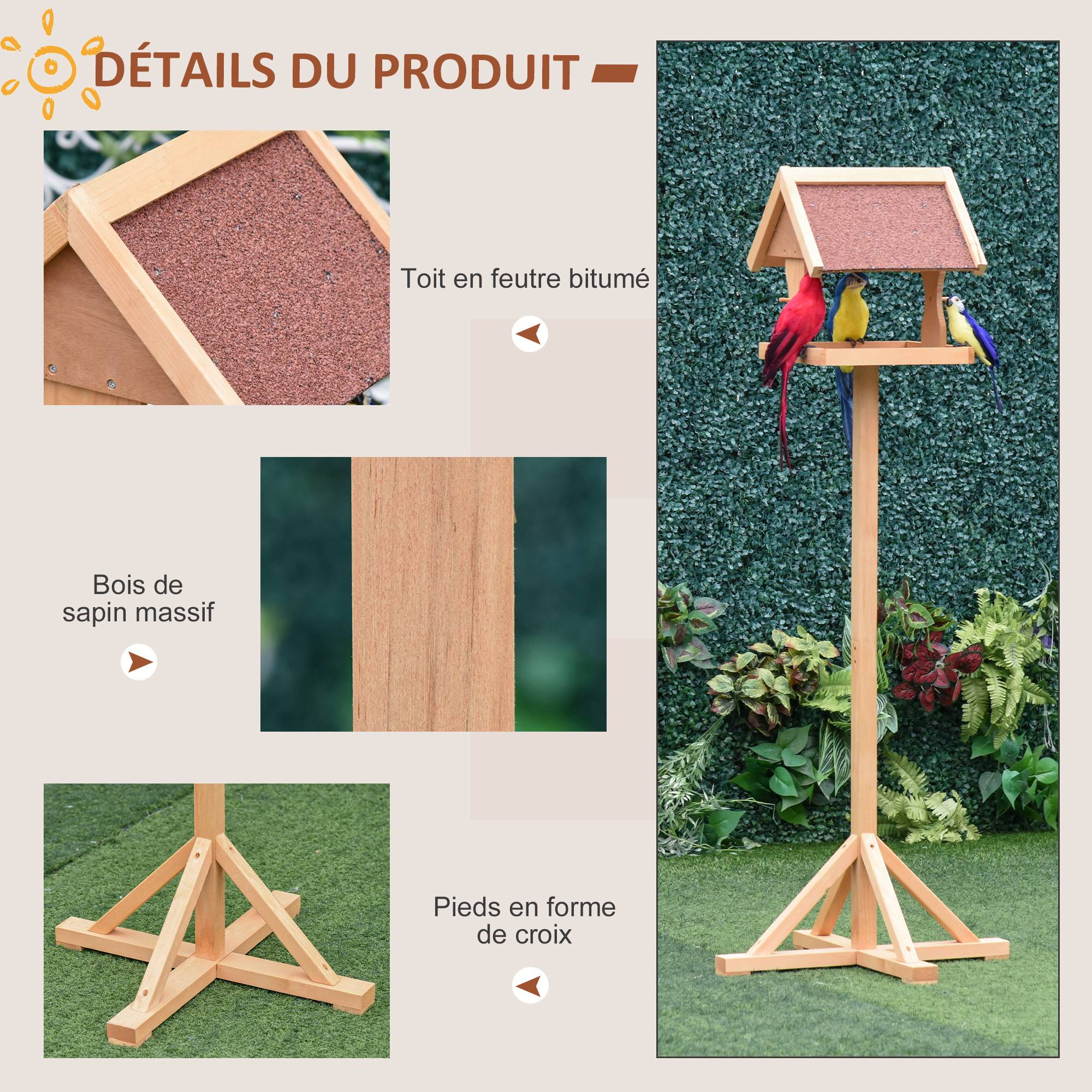 Mangeoire oiseaux sur pied bois massif naturel 55 x 55 x 144 cm - PANGIVO - Image 7