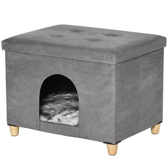 Niche chat pouf repose-pieds multifonction MDF coussin amovible 60x45cm gris - ComfortXL Outdoor Living - Image 2