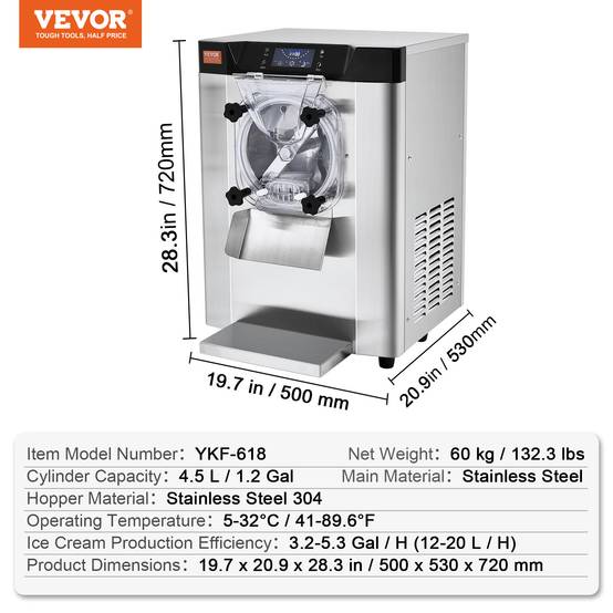 VEVOR Sorbetière commerciale 12 L/h 1295W, cylindre inox 4,5L, pré-refroidissement auto, panneau LED. - Image 7