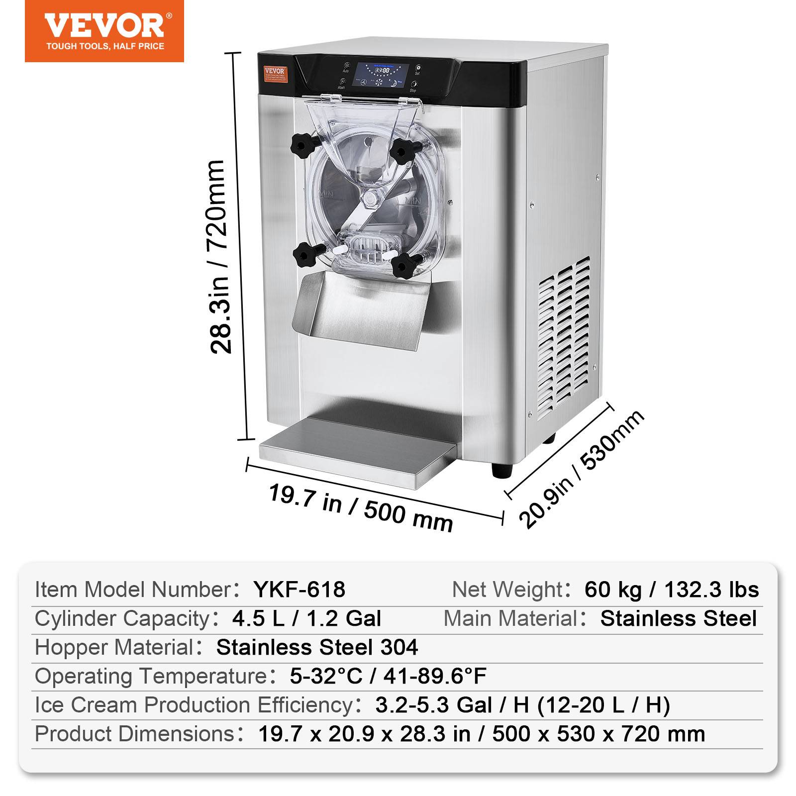 VEVOR Sorbetière commerciale 12 L/h 1295W, cylindre inox 4,5L, pré-refroidissement auto, panneau LED. - Image 7