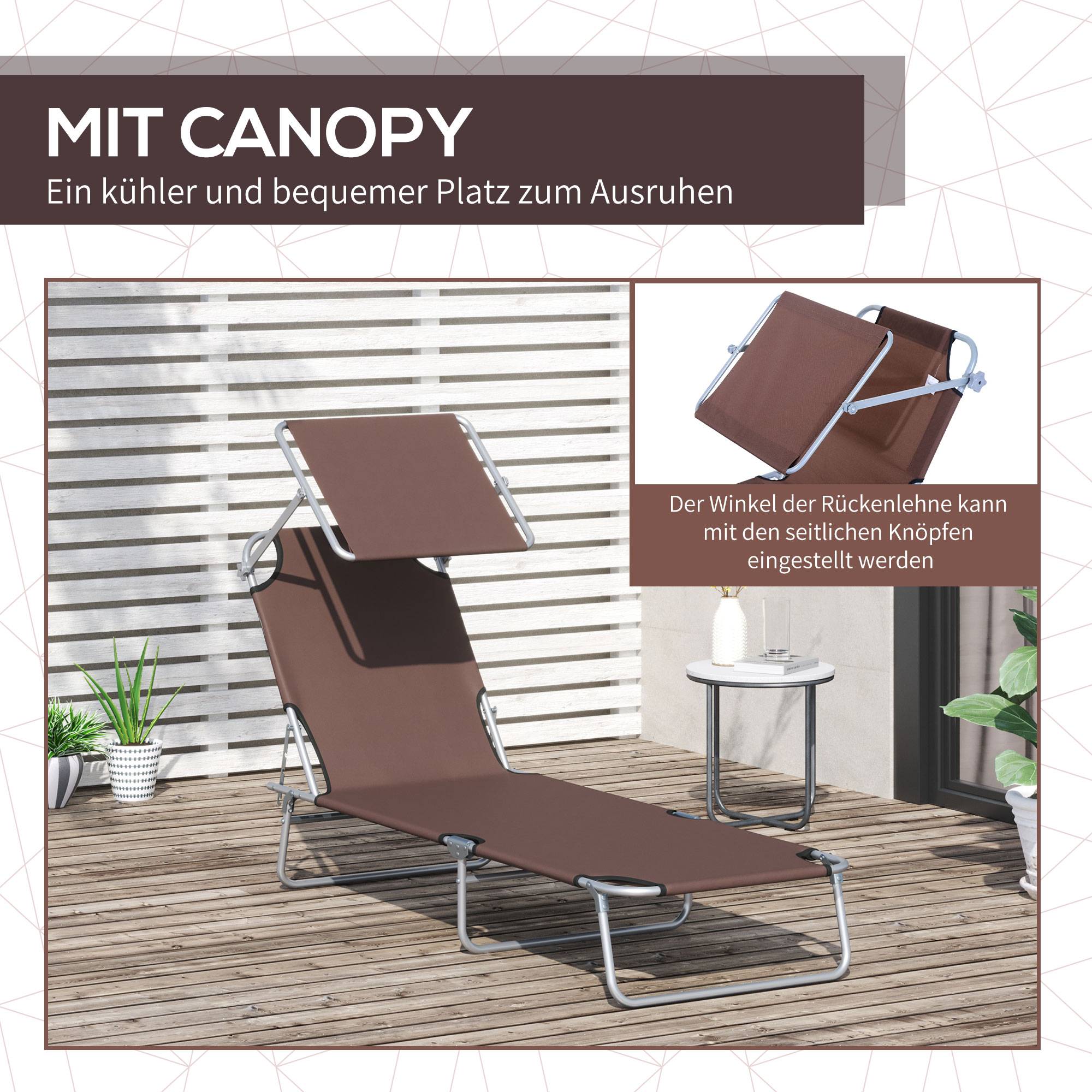 Transat pliant marron avec pare-soleil, chaise longue de jardin dossier réglable 4 positions, charge 120 kg, balcon piscine - Image 8