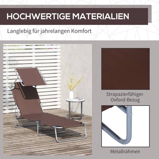 Transat pliant marron avec pare-soleil, chaise longue de jardin dossier réglable 4 positions, charge 120 kg, balcon piscine - Image 9