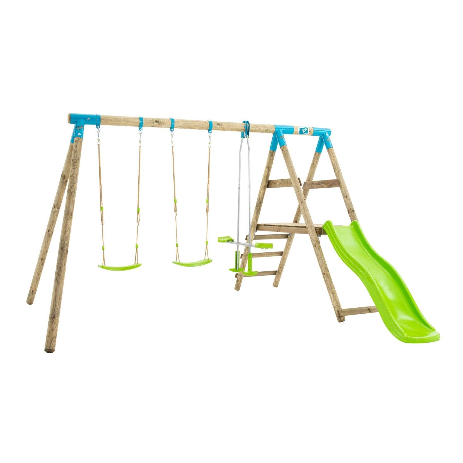 Tp Toys - Station GENÊT 2 balançoires - vis-à-vis - toboggan - kit d'ancrage - bois FSC® h209 cm - Image 1