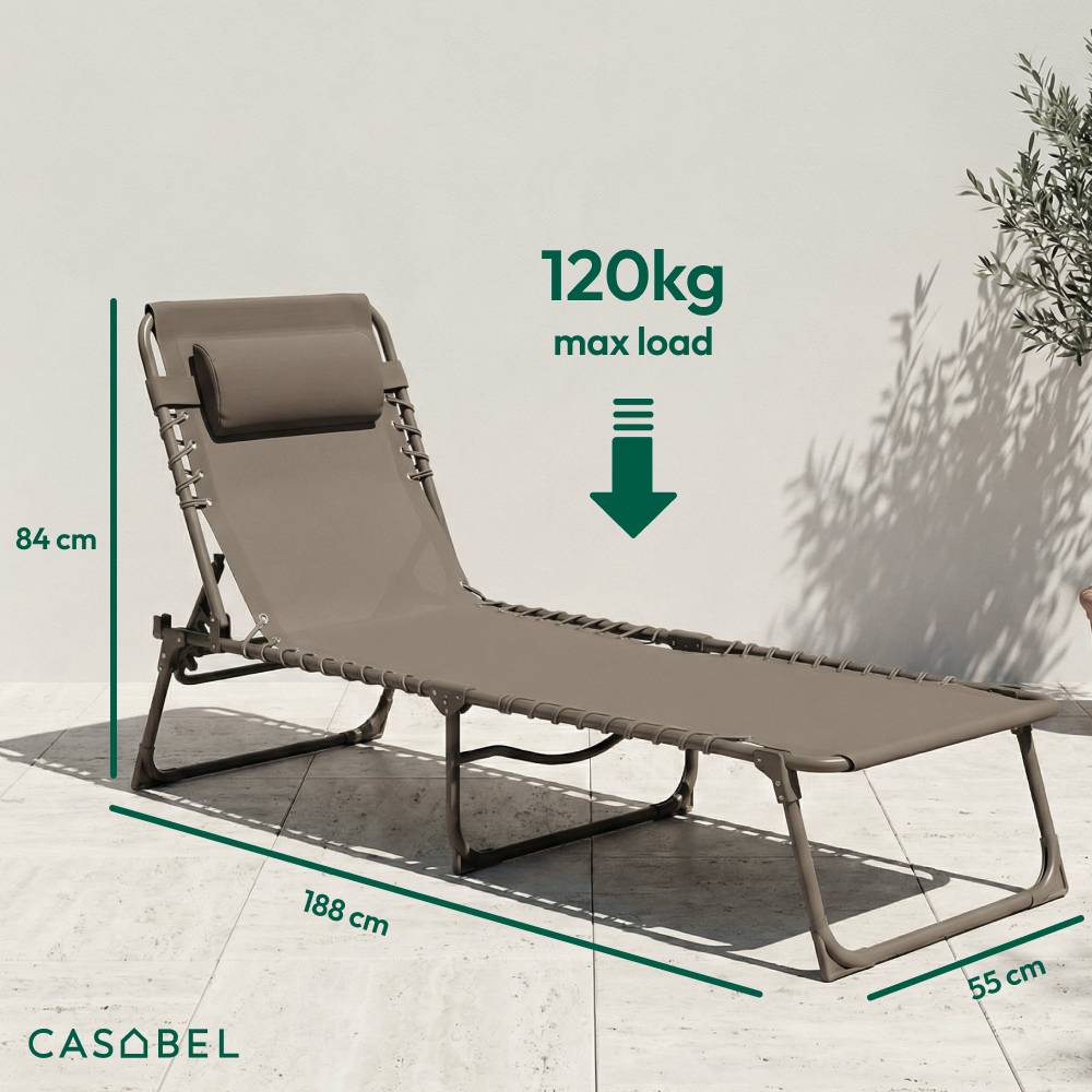 Chaise Longue Pliante taupe, transat extérieur inclinable CASABEL - Image 2