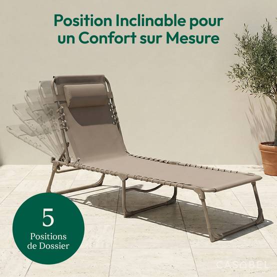 Chaise Longue Pliante taupe, transat extérieur inclinable CASABEL - Image 4