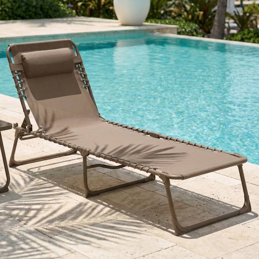 Chaise Longue Pliante taupe, transat extérieur inclinable CASABEL - Image 1