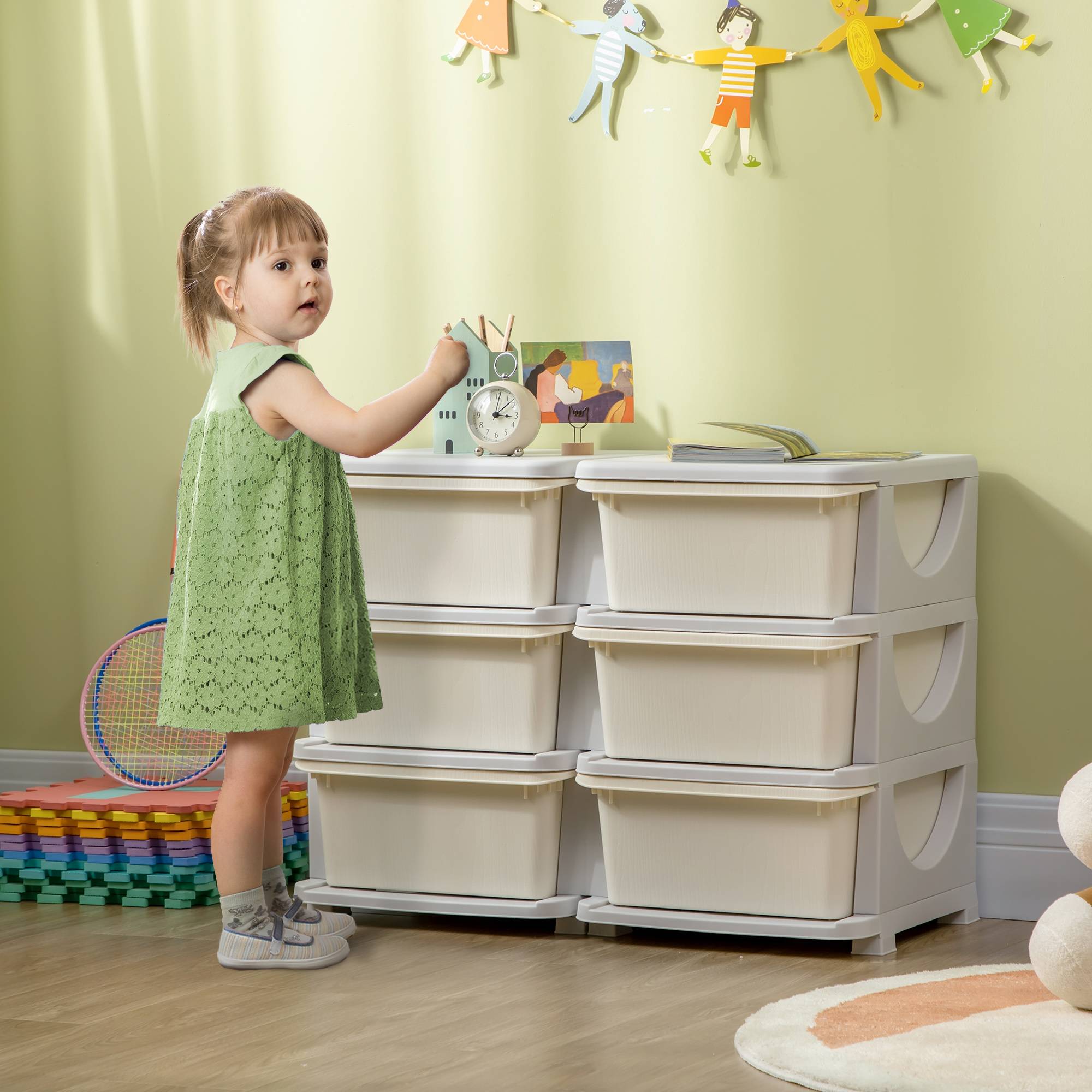 Tour de rangement pour enfants avec 6 tiroirs, organisateur de jouets avec bords arrondis et poignées, 75 x 37 x 56,5 cm, crème - Image 3