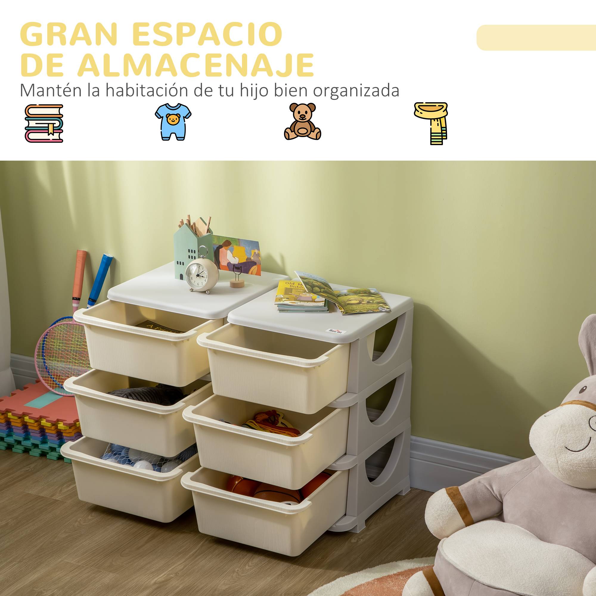 Tour de rangement pour enfants avec 6 tiroirs, organisateur de jouets avec bords arrondis et poignées, 75 x 37 x 56,5 cm, crème - Image 6