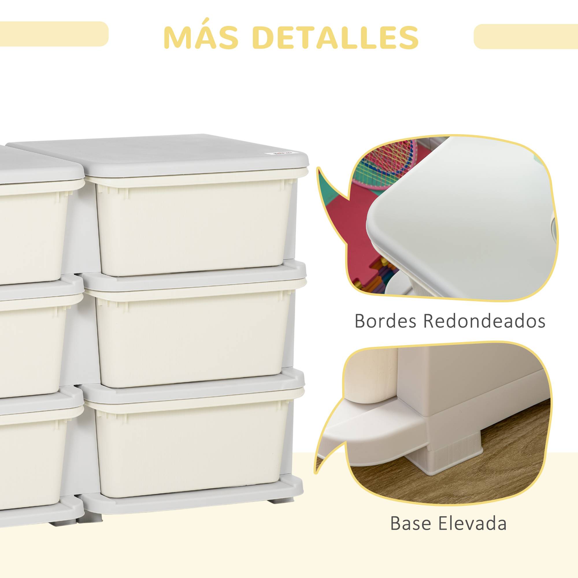 Tour de rangement pour enfants avec 6 tiroirs, organisateur de jouets avec bords arrondis et poignées, 75 x 37 x 56,5 cm, crème - Image 9