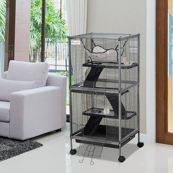 Cage rongeurs acier pour cochon d'Inde 3 niveaux avec roulettes 52x52x114cm gris - ComfortXL Outdoor Living - Image 2
