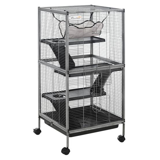 Cage rongeurs acier pour cochon d'Inde 3 niveaux avec roulettes 52x52x114cm gris - ComfortXL Outdoor Living - Image 1