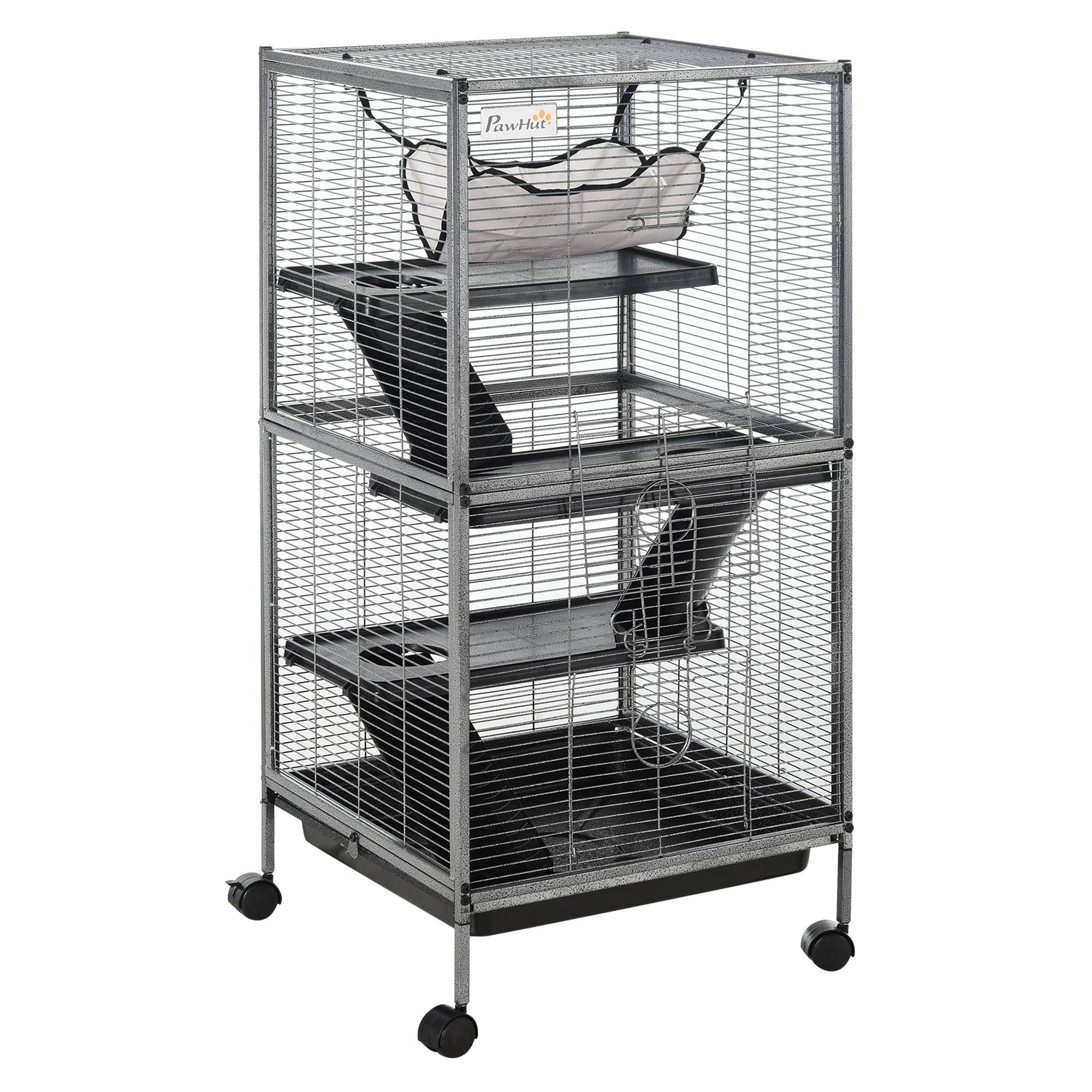 Cage rongeurs acier pour cochon d'Inde 3 niveaux avec roulettes 52x52x114cm gris - ComfortXL Outdoor Living